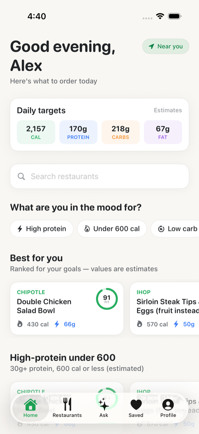 CaloDine Home screen showing daily calorie and macro targets and ranked meal recommendations