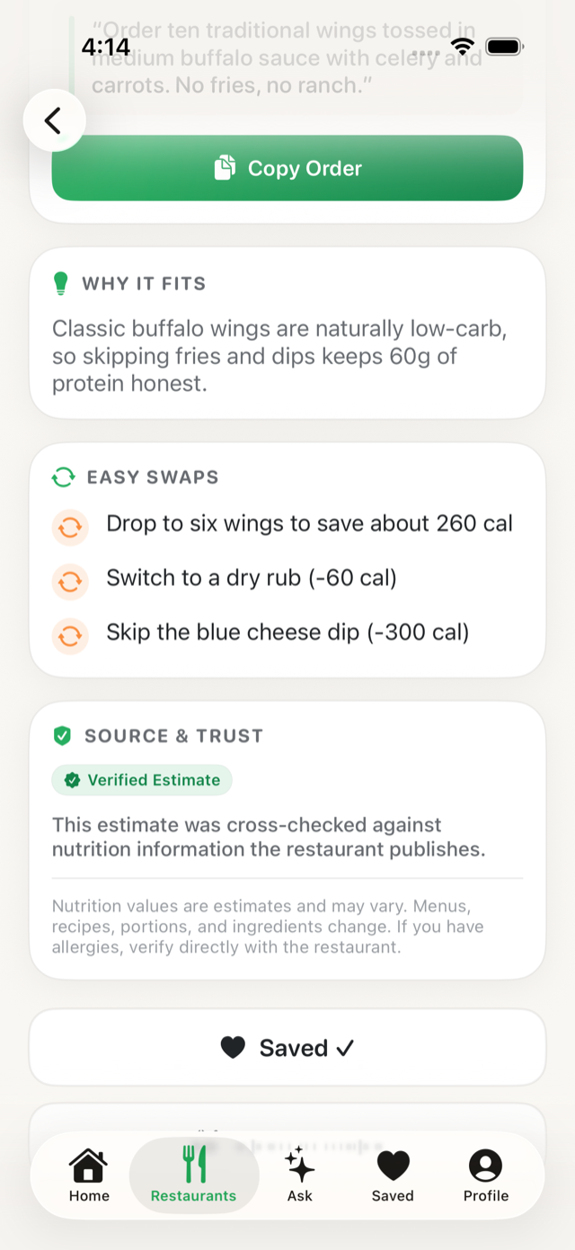 CaloDine meal detail with order instructions, easy swaps, and a Verified Estimate badge