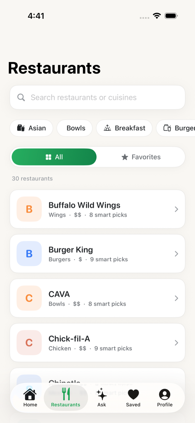 CaloDine Restaurants tab listing popular chains with smart picks